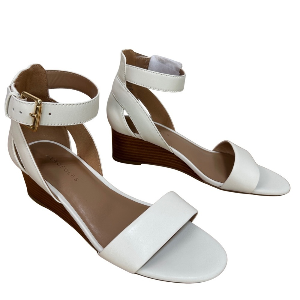 Aerosoles Cream White Leather Ankle Strap Low Wedge Sandals Wide Width 7.5W